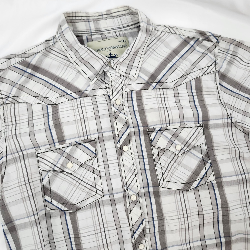 Supply Company Gray‎ Blue Plaid Snap Button Western Shirt Mens XL Country Ranch